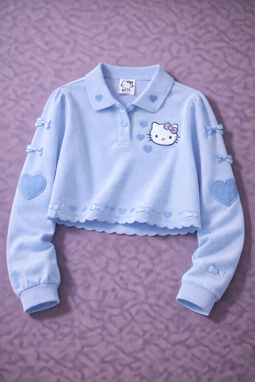 Hello Kitty Koleksiyonu: Nakışlı ve Fırfır Detaylı Polo Sweatshirt