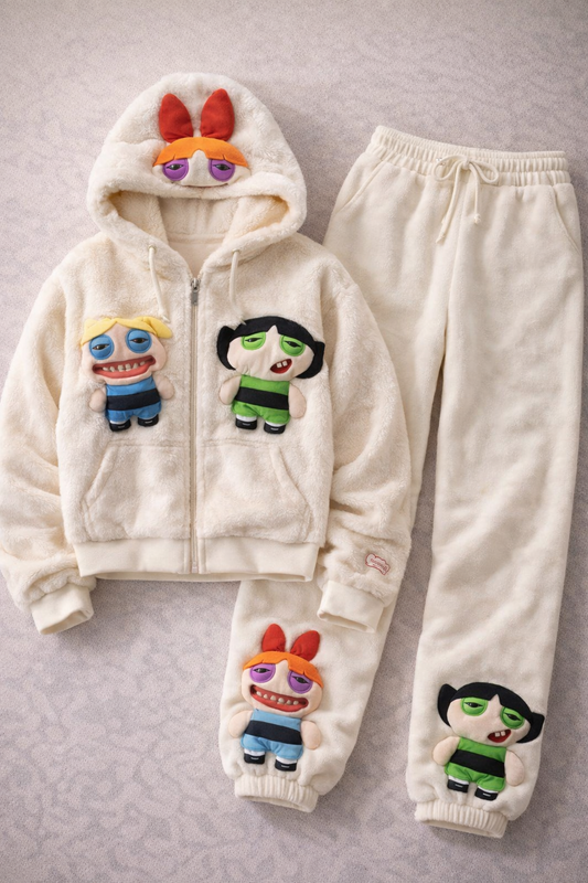 Powerpuff Girls Nakışlı Kapüşonlu Peluş Alt-Üst Takım