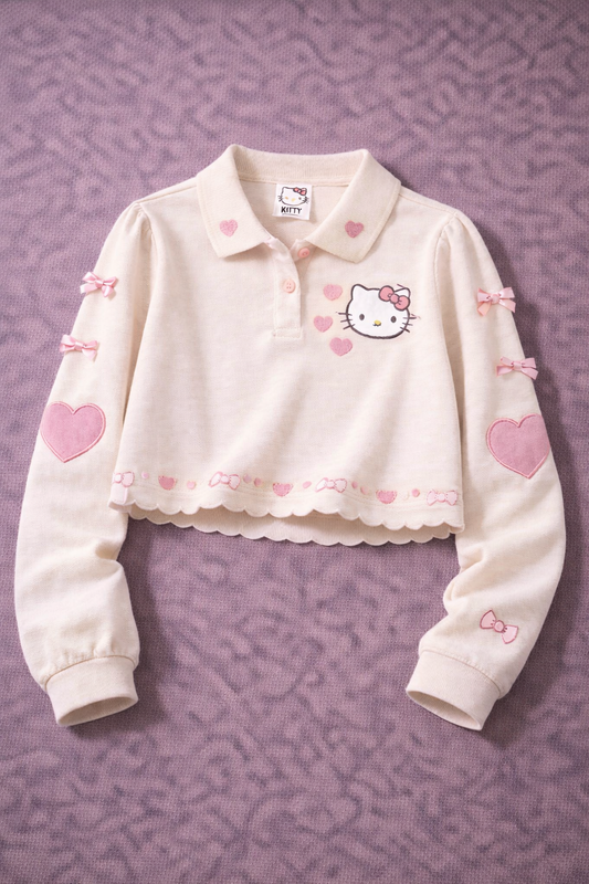 Özel Seri: Fiyonk ve Kalp Detaylı Hello Kitty Polo Crop
