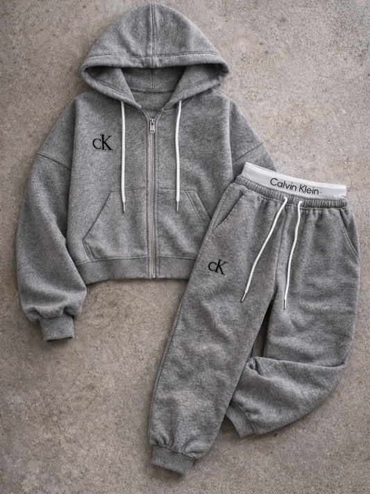Calvin Klein  Logolu "Urban Grey" Crop Hırka & Jogger Takım